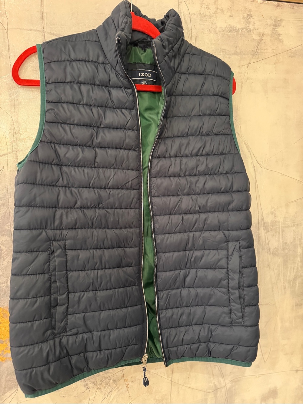 Izod Navy Quilted Puffer Vest with Green Trim